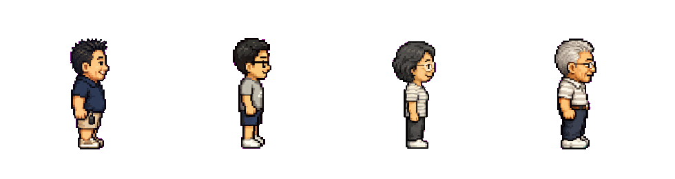 Four generated family character sprites walking